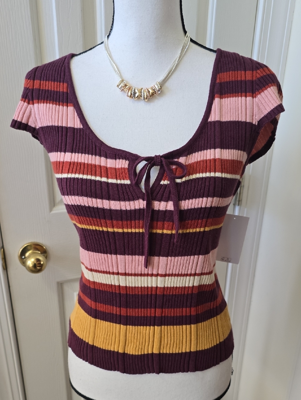 Jessica Simpson Burgundy Ribbed Short Sleeve Sweater Top Front Tie Accent XXL
